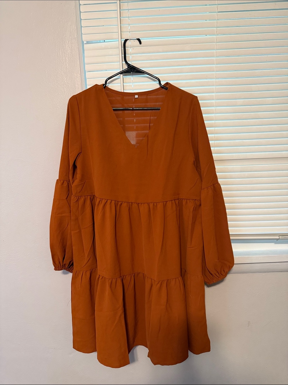 Rust Long Sleeve Tiered V-Neck Women's Dress